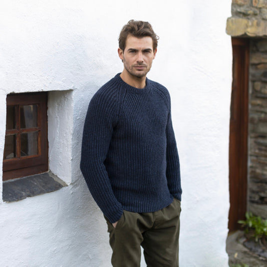 Fisherman Out of Ireland Heavy Knit Merino Sweater - Indigo/ Black